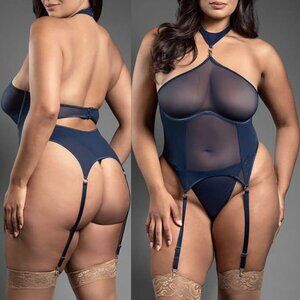 Fantasy Lingerie Gartered Bustier Sheer Mesh Detachable Choker Halter